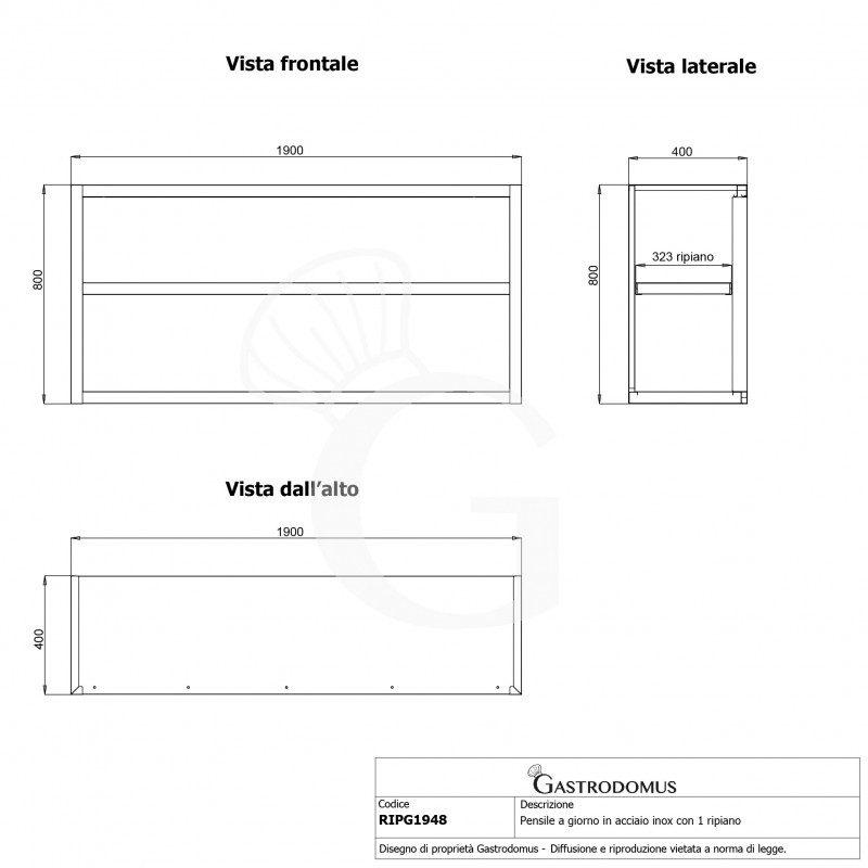 Armario de pared en acero inoxidable abierto con 1 estante, L 1900 mm x P 400 mm x H 800 mm
