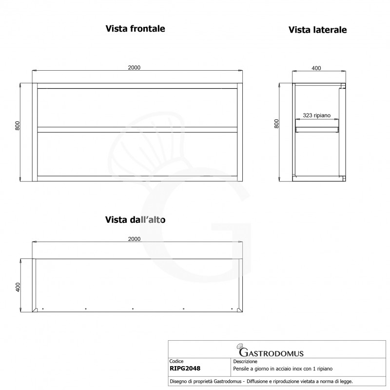 Armario de pared en acero inoxidable abierto con 1 estante, L 2000 mm x P 400 mm x H 800 mm