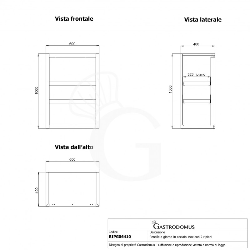 Armario de pared de acero inoxidable con 2 estantes, L 600 mm x P 400 mm x A 1000 mm