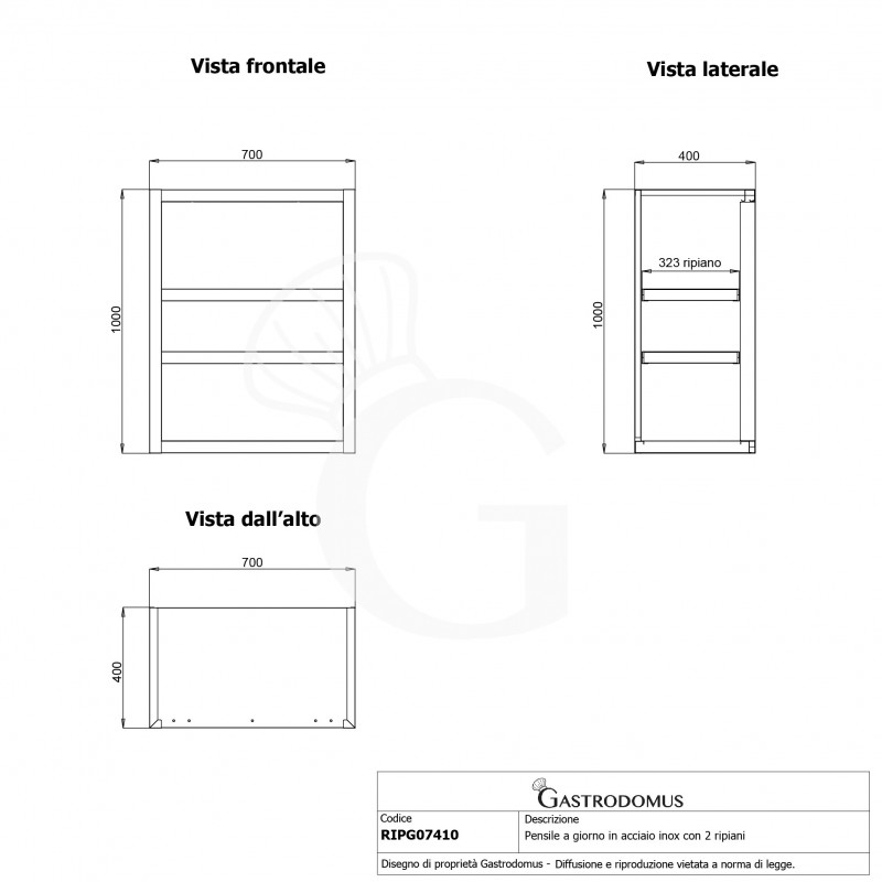 Armario de pared inox con 2 estantes, L 700 mm x P 400 mm x A 1000 mm