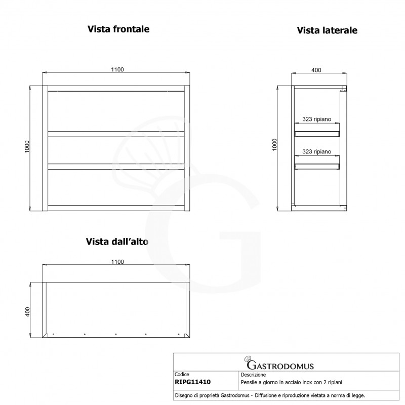 Armario de pared inox con 2 estantes, L 1100 mm x P 400 mm x A 1000 mm