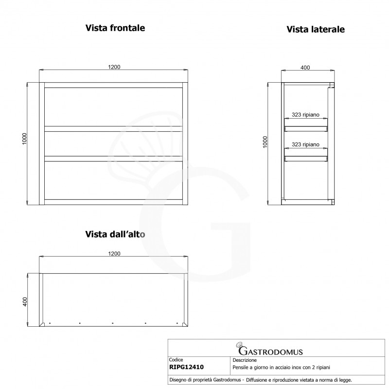Armario de pared inox con 2 estantes, L 1200 mm x P 400 mm x A 1000 mm