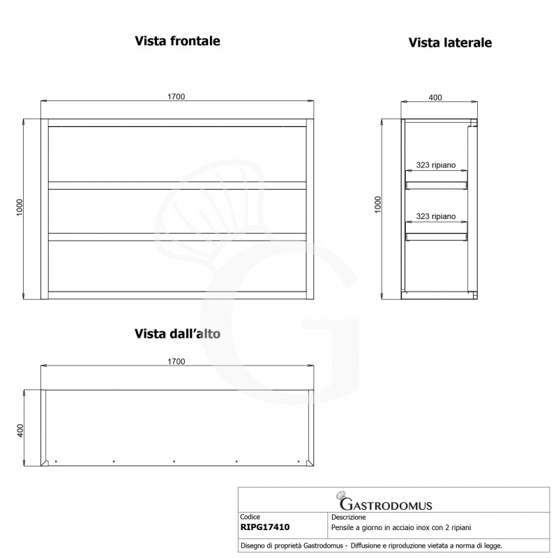 Armario de pared en acero inoxidable abierto con 2 estantes, L 1700 mm x P 400 mm x H 1000 mm