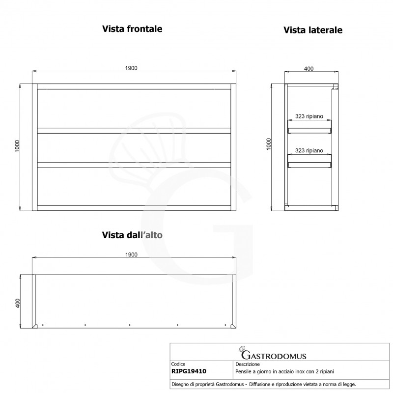 Armario de pared en acero inoxidable abierto con 2 estantes, L 1900 mm x P 400 mm x H 1000 mm