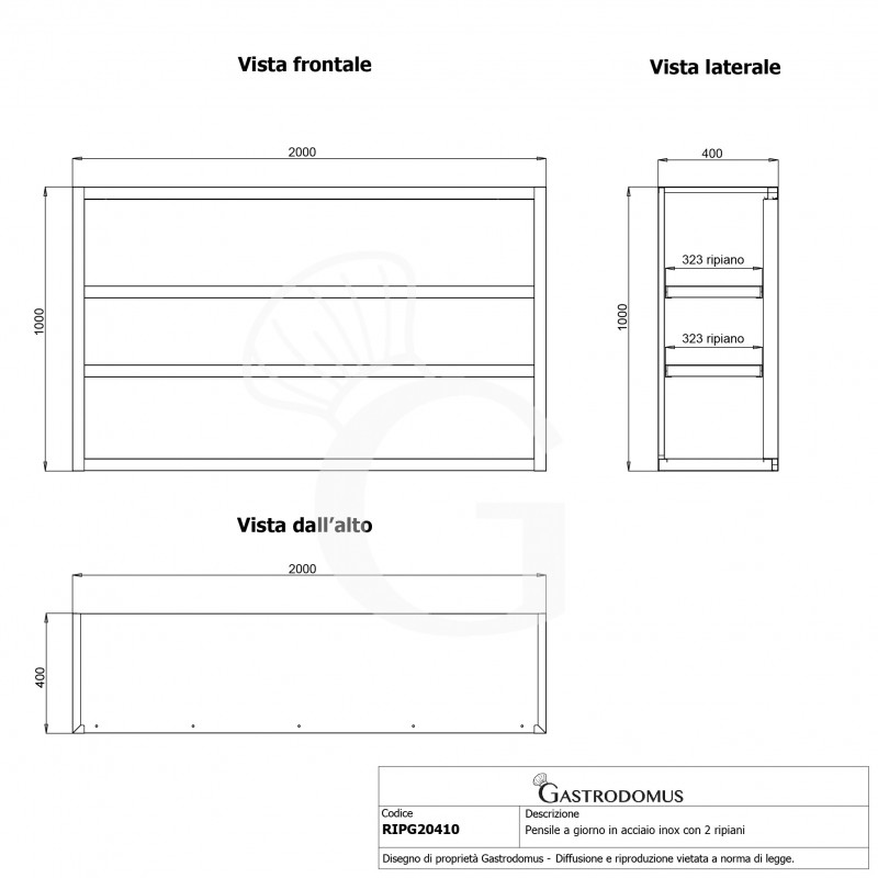 Armario de pared en acero inoxidable abierto con 2 estantes, L 2000 mm x P 400 mm x H 1000 mm