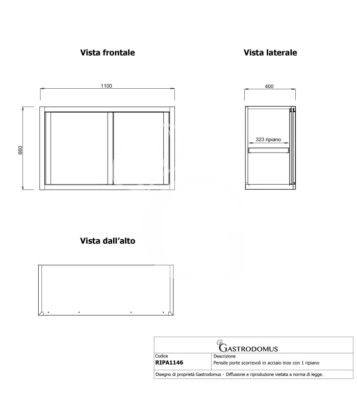 Pensile acciaio inox con porte scorrevoli, 1 ripiano, L 1100 x P 400 x H 650 mm