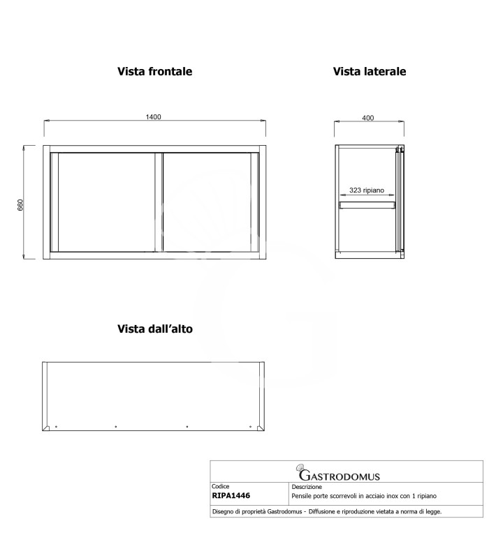 Armario de pared con puertas correderas inox con 1 estante, L 1400 mm x P 400 mm x A 660 mm