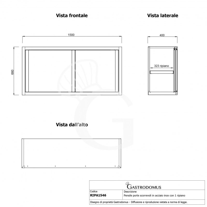 Armario de pared con puertas correderas inox con 1 estante, L 1500 mm x P 400 mm x A 660 mm