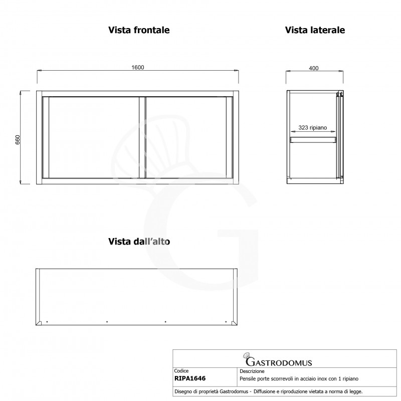 Armario de pared con puertas correderas inox con 1 estante, L 1600 mm x P 400 mm x A 660 mm