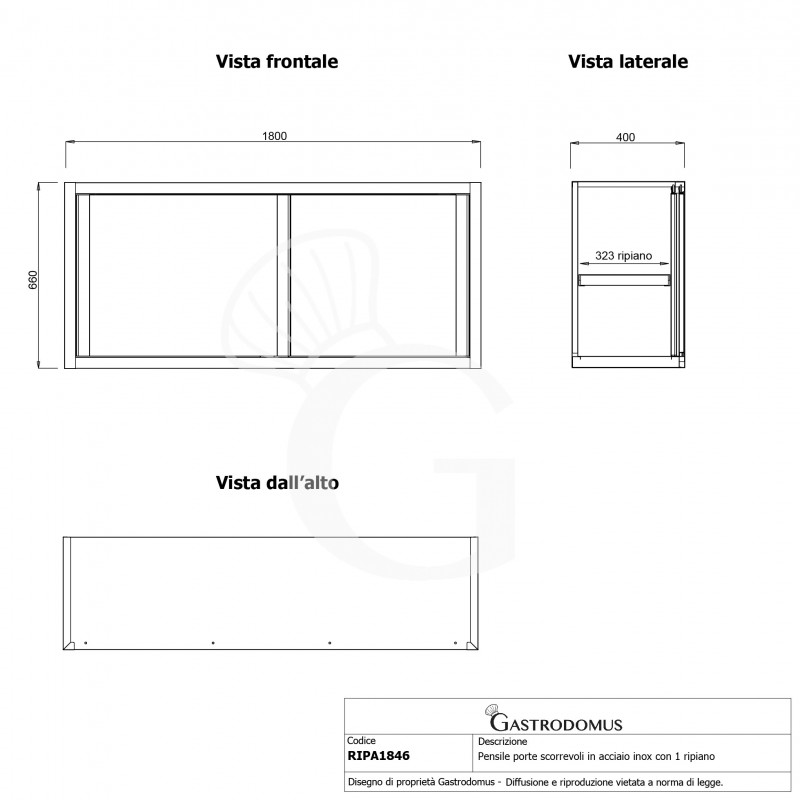 Armario de pared con puertas correderas inox con 1 estante, L 1800 mm x P 400 mm x A 660 mm