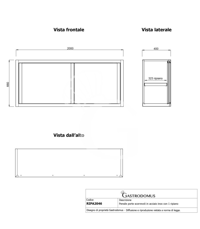 Armario de pared con puertas correderas inox con 1 estante, L 2000 mm x P 400 mm x A 660 mm