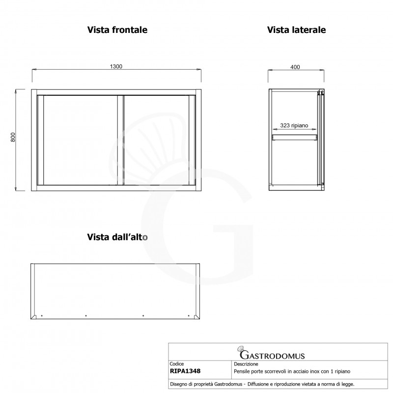Armario de pared con puertas correderas inox con 1 estante, L 1300 mm x P 400 mm x A 800 mm