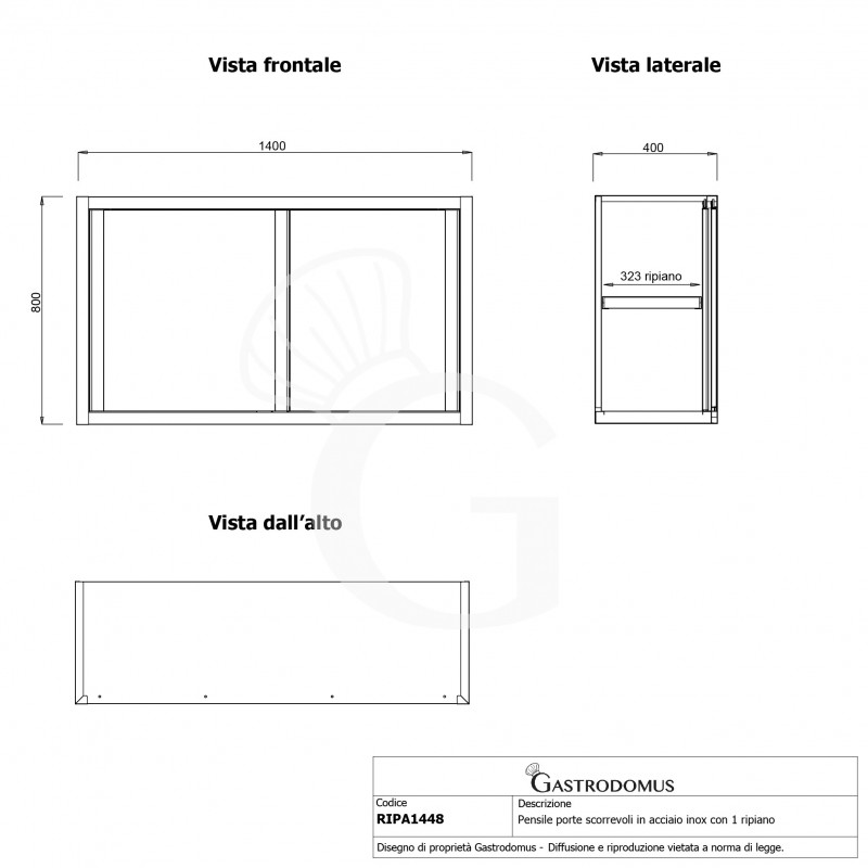 Armario de pared con puertas correderas inox con 1 estante, L 1400 mm x P 400 mm x A 800 mm