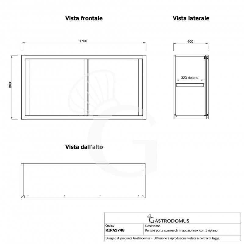 Armario mural con puertas correderas y 1 estante, altura 800 mm, profundidad 400 mm, longitud 1700 mm