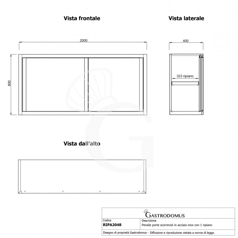 Armario de pared con puertas correderas inox con 1 estante, L 2000 mm x P 400 mm x A 800 mm