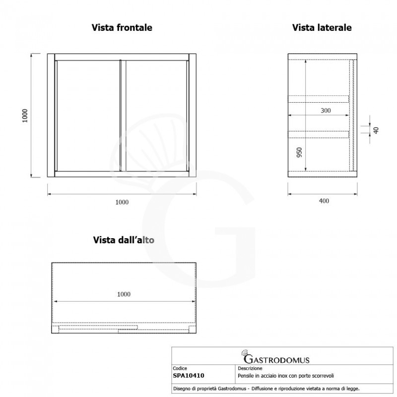 Armario de pared con puertas correderas inox con 2 estantes, L 1000 mm x P 400 mm x A 1000 mm