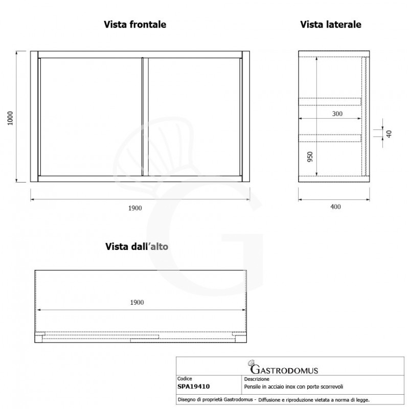 Armario mural en acero inoxidable con puertas correderas, 2 estantes, longitud 1900 mm x profundidad 400 mm x altura 1000 mm