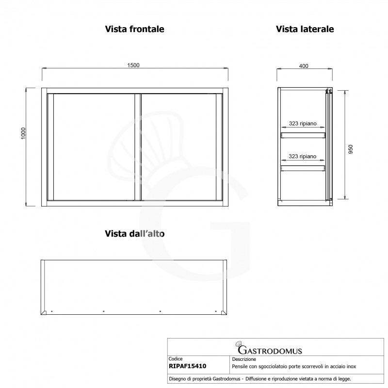 Armario de pared de acero inoxidable con escurridor, puertas correderas, 2 estantes perforados, L 1500 mm x P 400 mm x A 1000 mm