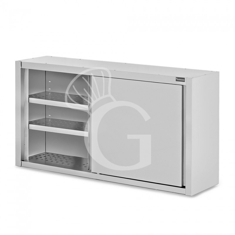 Armario de pared de acero inoxidable con escurridor, puertas correderas, 2 estantes perforados, L 1600 mm x P 400 mm x A 1000 mm