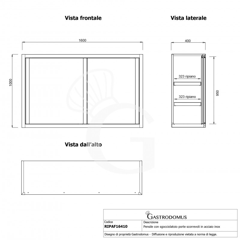 Armario de pared de acero inoxidable con escurridor, puertas correderas, 2 estantes perforados, L 1600 mm x P 400 mm x A 1000 mm
