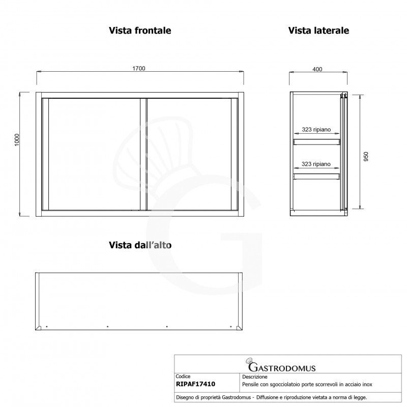 Mueble alto en acero inoxidable con escurridor, 2 estantes perforados y puertas correderas – L 1700 × P 400 × H 1000 mm