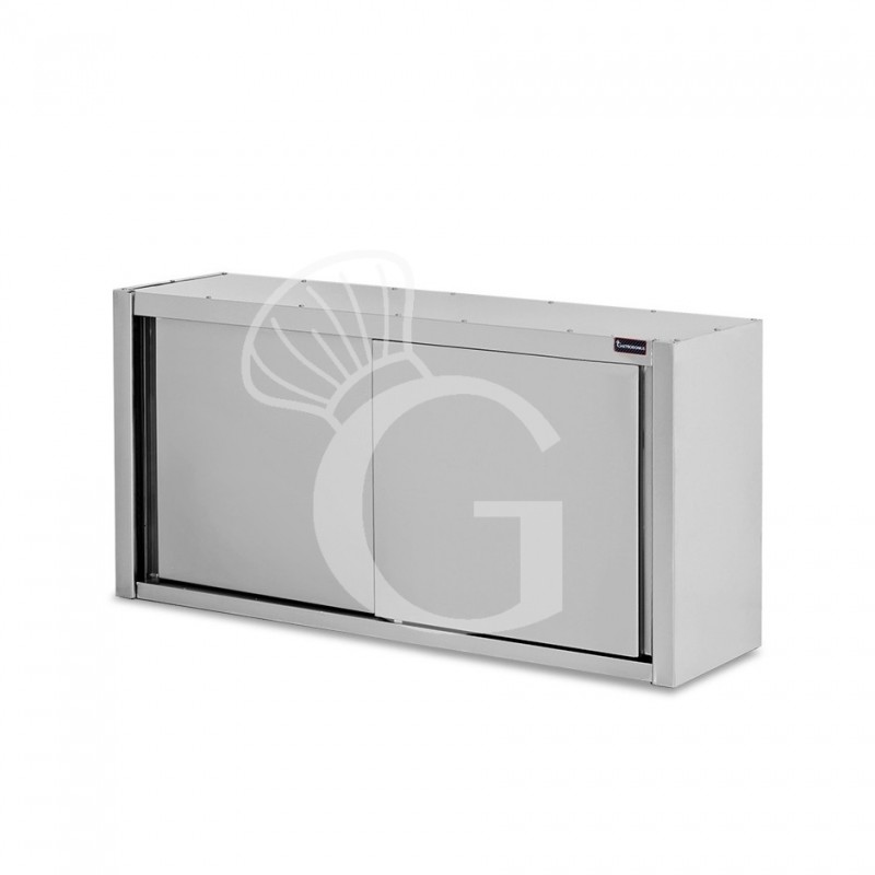 Mueble alto en acero inoxidable con escurridor, 2 estantes perforados y puertas correderas – L 1700 × P 400 × H 1000 mm