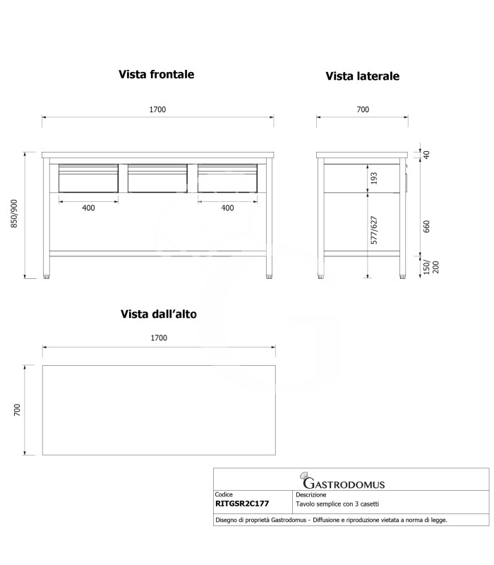 Mesa de acero inoxidable, 3 cajones, L 1700 mm x P 700 mm x H 850 mm.