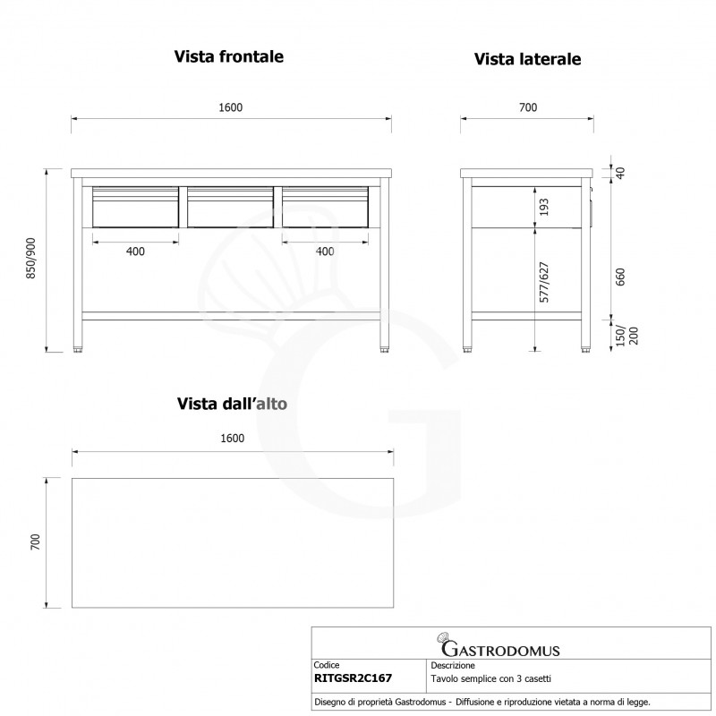 Mesa de acero inoxidable con 3 cajones L 1600 mm x P 700 mm x A 850 mm