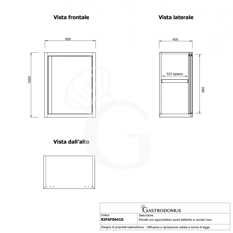 Armario de pared en acero inoxidable con escurridor, 1 estante perforado y 1 puerta abatible - L 600 × P 400 × H 1000 mm