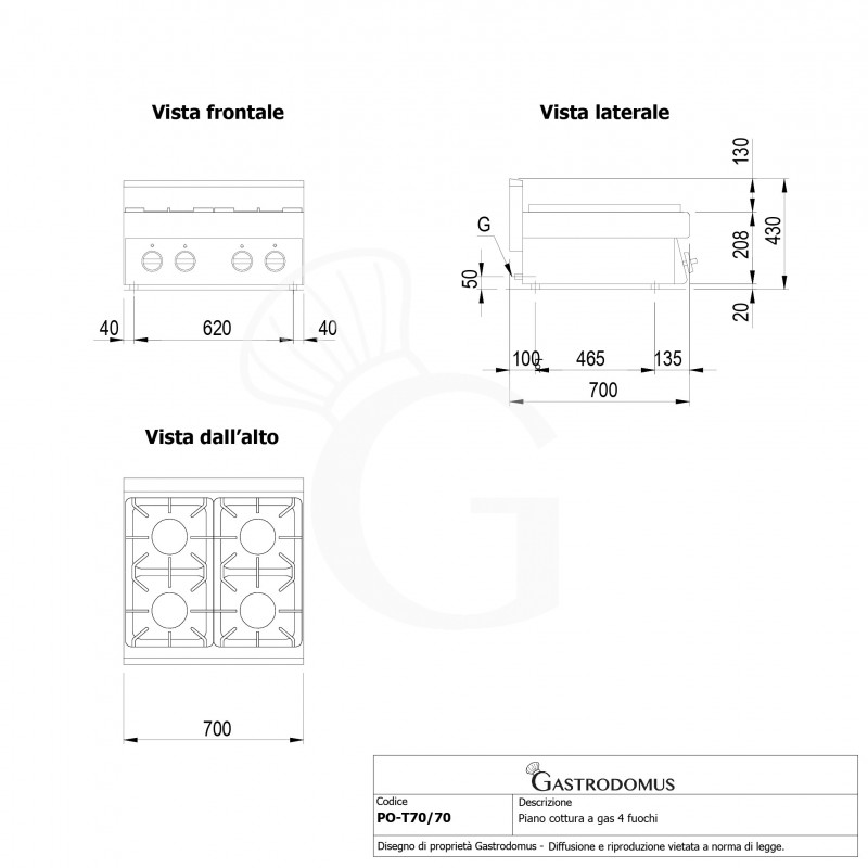 Cocina a gas de sobremesa, 4 fuegos con quemador piloto, 700 mm de profundidad