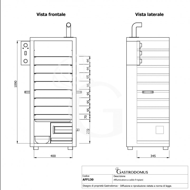 Ahumador profesional 9 estantes, L 630 x P 450 x H 1310 mm