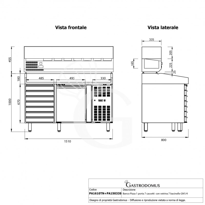 Mesa refrigerada para pizza 600x400, 1 puerta, 7 cajones, vitrina con 7 cubetas GN1/4, motor a la izquierda, 210 L