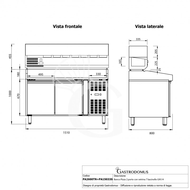 Mesa Refrigerada para pizza 600X400 2 puertas Vitrina Refrigerada con motor a la izquierda 7 Cubetas 390 LT