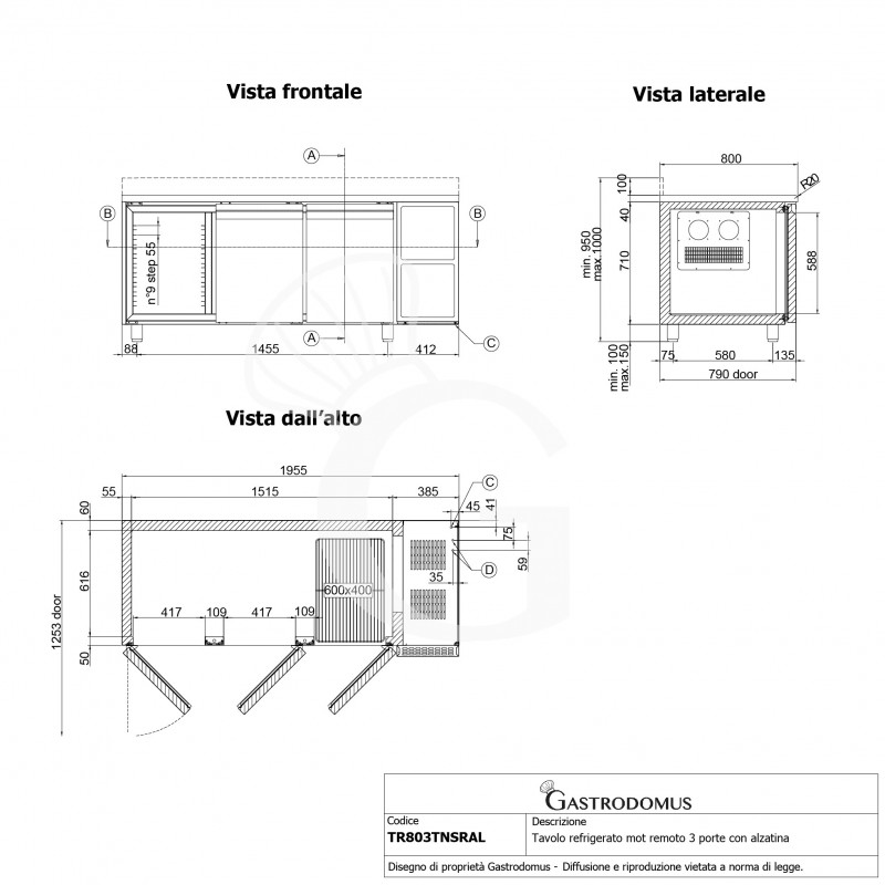 Mesa refrigerada 3 puertas con peto trasero Prof. 800 mm 0°C / +10°C con motor remoto