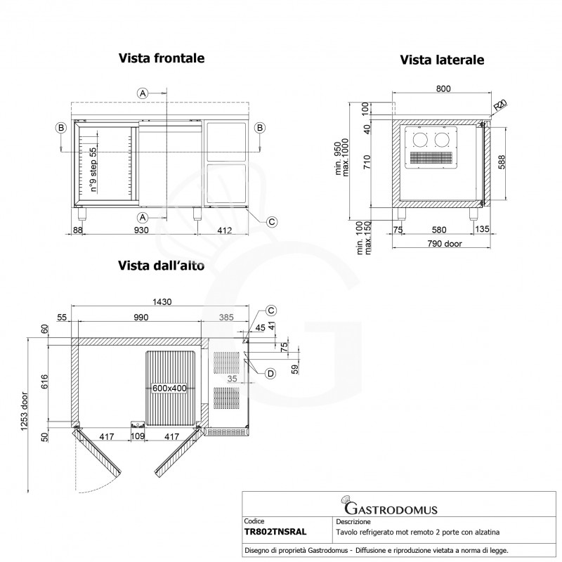 Mesa refrigerada con 2 puertas, peto trasero, prof. 800 mm 0°C/+10°C - para motor remoto