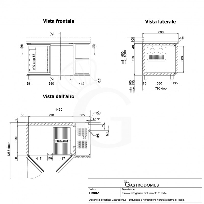 Mesa refrigerada 2 puertas con peto trasero Prof. 800 mm -22°C / -18°C con motor remoto
