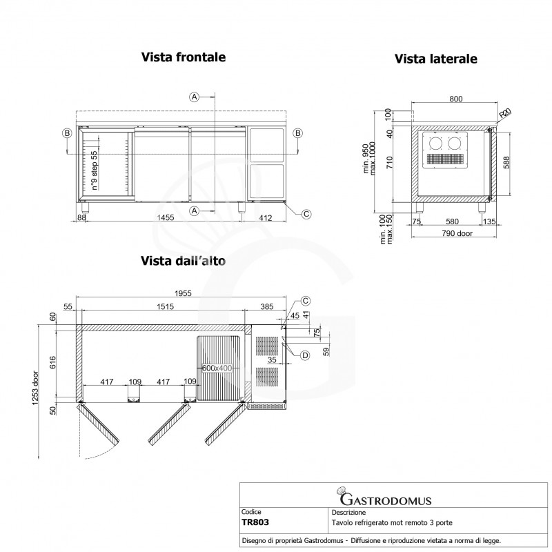Mesa refrigerada 3 puertas con peto trasero Prof. 800 mm -18°C /-22°C  con motor remoto