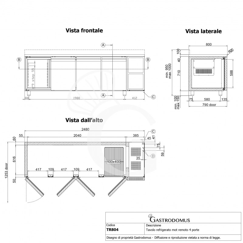 Mesa refrigerada 4 puertas con peto trasero Prof. 800 mm 0°C / +10°C con motor remoto