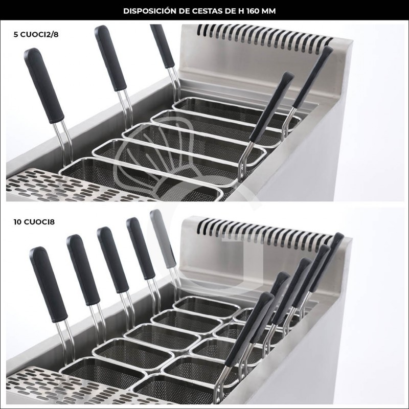 Cocedor de pasta profesional eléctrico sobre mueble cerrado, prof. 900 mm -2 cubas, 40L + 40L, 24 KW