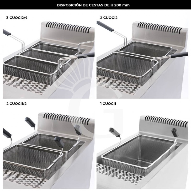 Cocedor de pasta profesional eléctrico sobre mueble cerrado, prof. 900 mm -2 cubas, 40L + 40L, 24 KW