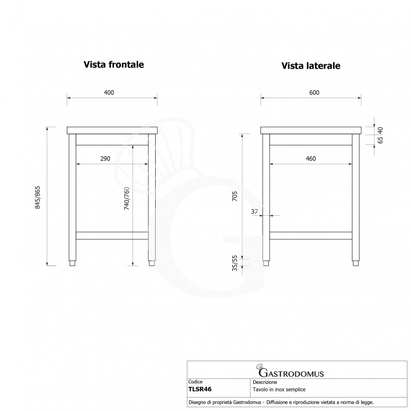 Mesa de acero inoxidable L 400 mm x P 600 mm x A 865 mm