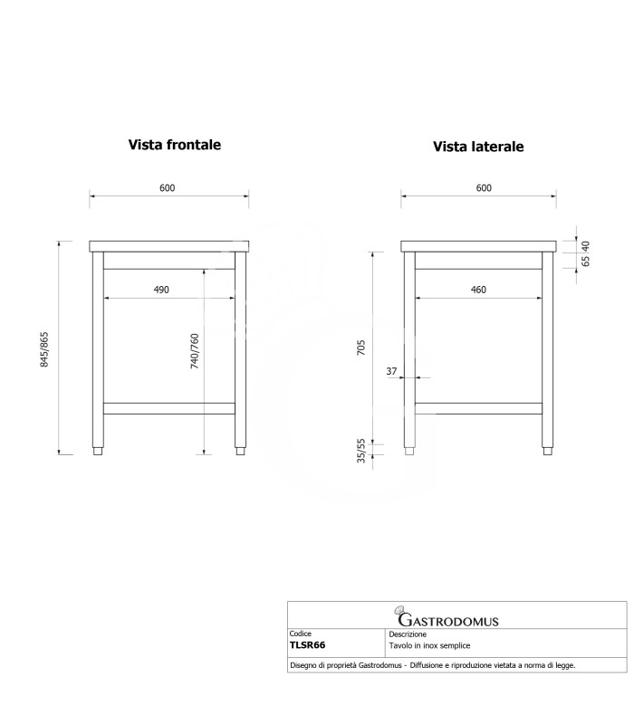 Mesa de acero inoxidable L 600 mm x P 600 mm x A 865 mm