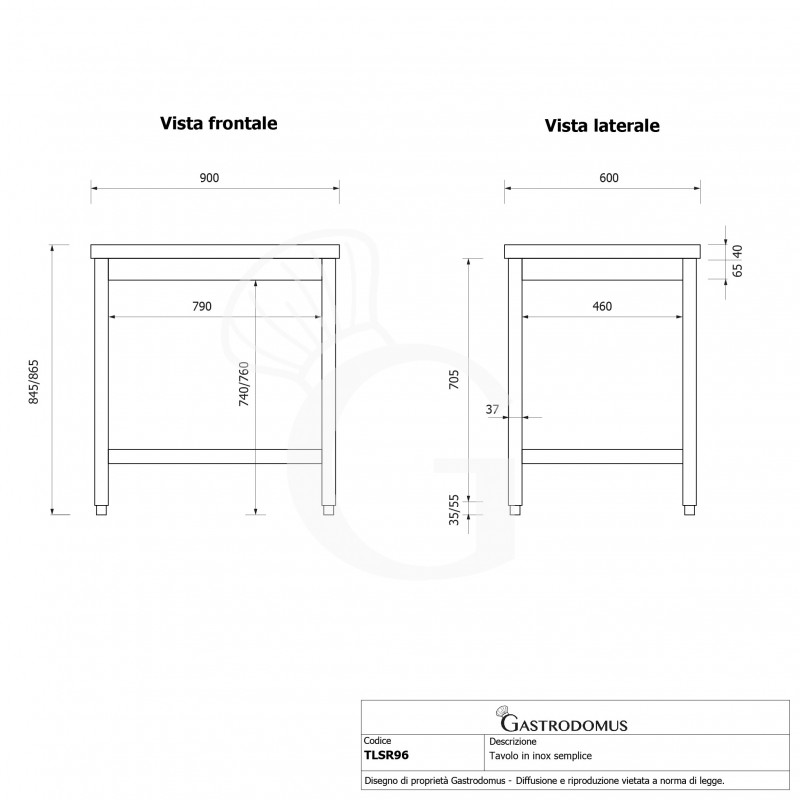 Mesa de acero inoxidable L 900 mm x P 600 mm x A 865 mm