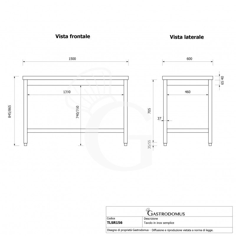 copy of Tavolo semplice in acciaio inox con misure L 1500 mm x P 600 mm x H 850 mm