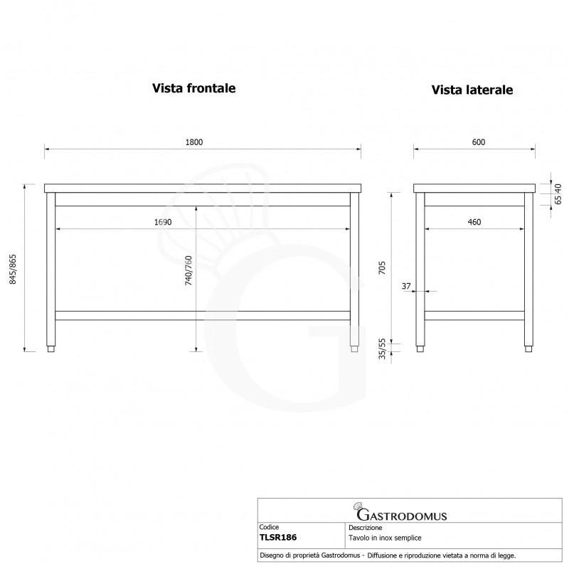 Mesa de acero inoxidable L 1800 mm x P 600 mm x A 865 mm