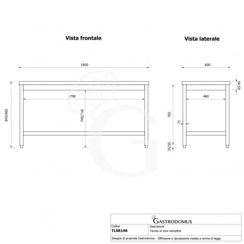 Mesa de acero inoxidable L 1900 mm x P 600 mm x A 865 mm