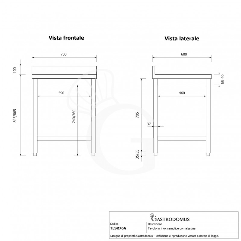 Mesa de acero inoxidable con peto trasero L 700 mm x P 600 mm x A 965 mm