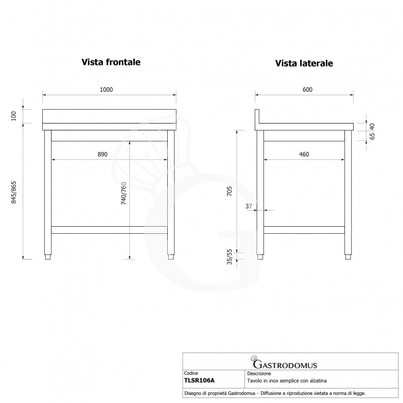 Mesa de acero inoxidable con peto trasero L 1000 mm x P 600 mm x A 965 mm