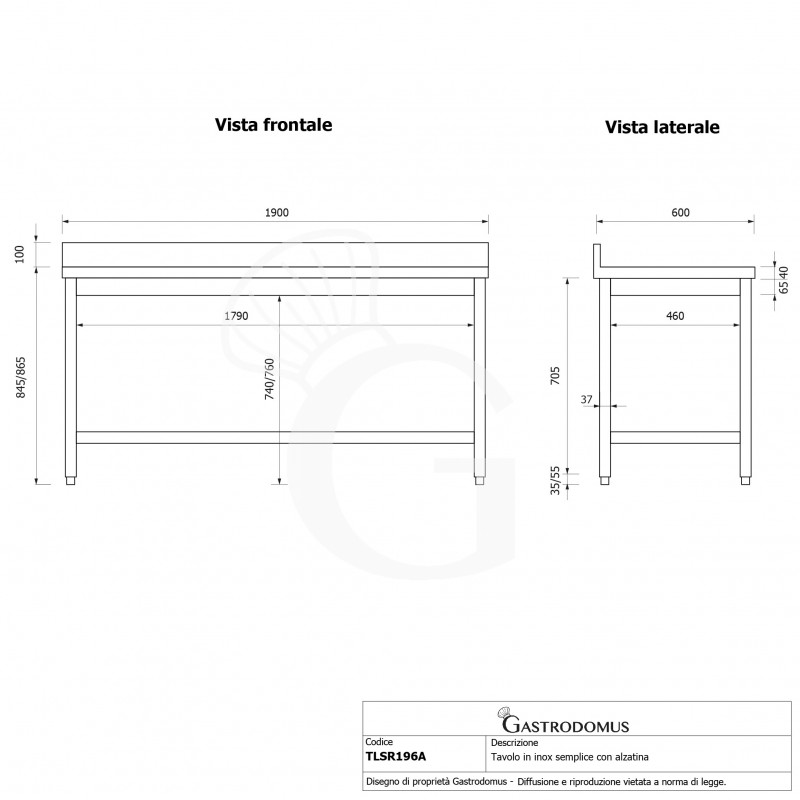Mesa de acero inoxidable con peto trasero, L 1900 mm x P 600 mm x H 965 mm