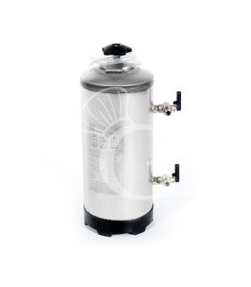 Ablandador manual en acero inoxidable, 2 grifos niquelados 3/8, tapa de acero, 12 LT